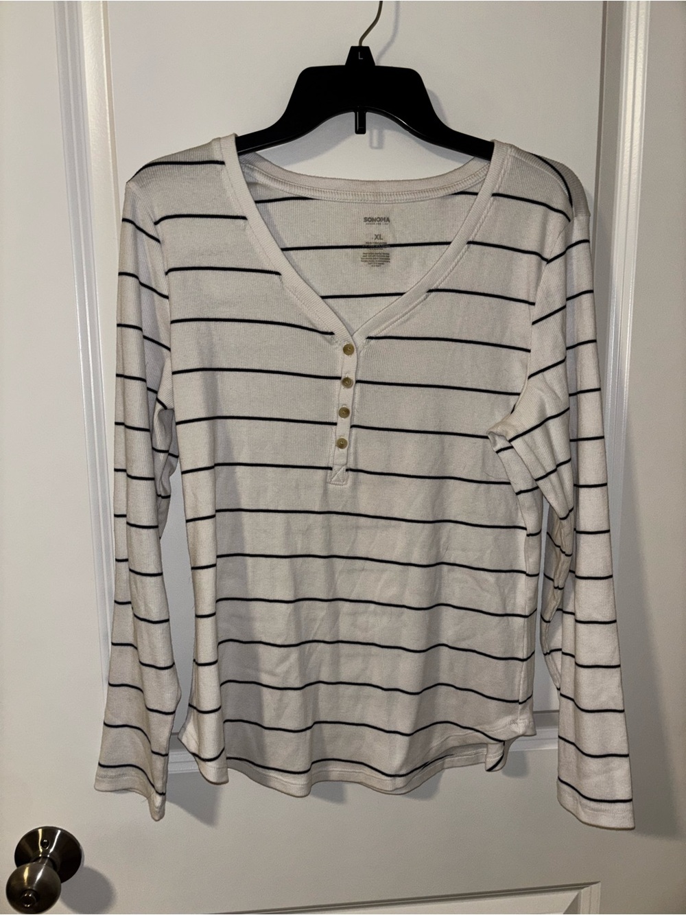 NWOT Sonoma white and navy Striped Henley Long-Sleeve Top